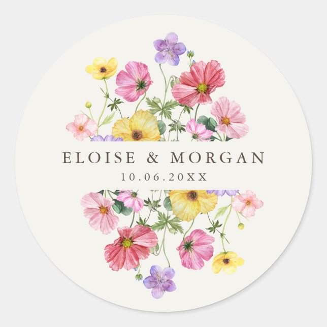 Wildflower Rustic Chic Floral Boho Country Wedding Classic Round Sticker (Front)