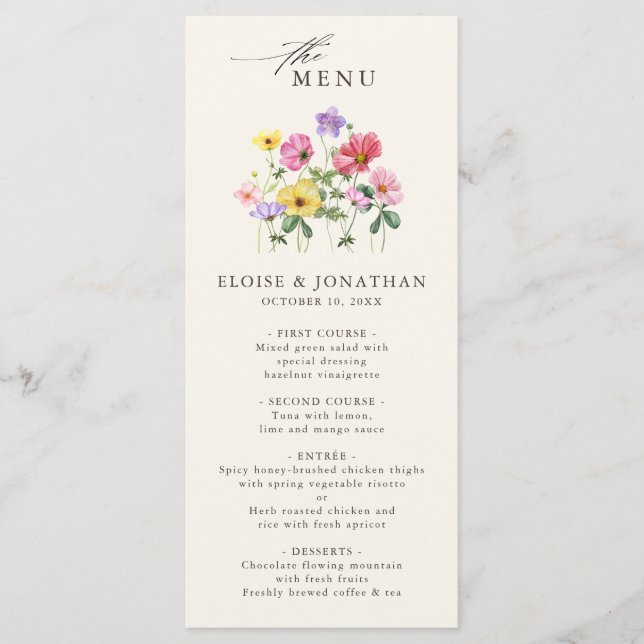 Wildflower Rustic Chic Floral Boho Country Wedding Menu (Front)