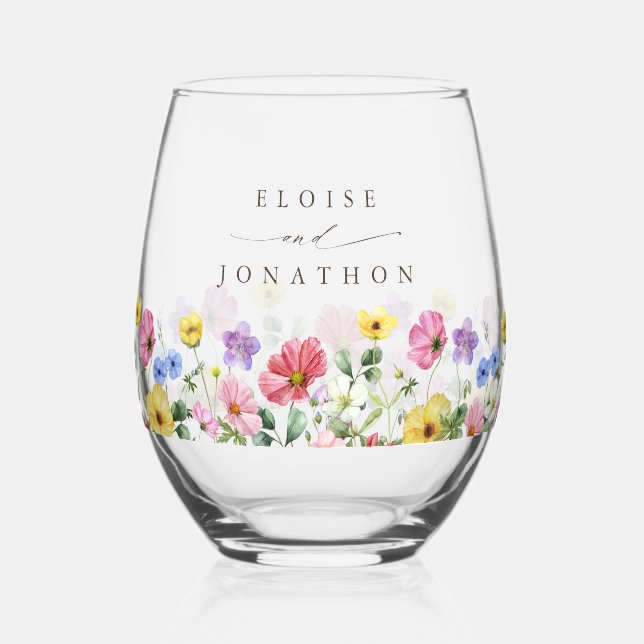 Wildflower Rustic Chic Floral Boho Country Wedding Stemless Wine Glass (Front)