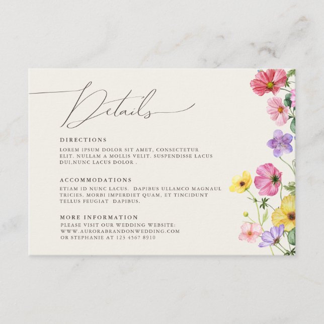 Wildflower Rustic Chic Floral Boho Wedding Details Enclosure Card (Front)