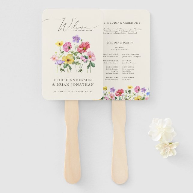 Wildflower Rustic Chic Floral Boho Wedding Program Hand Fan (Front and Back)