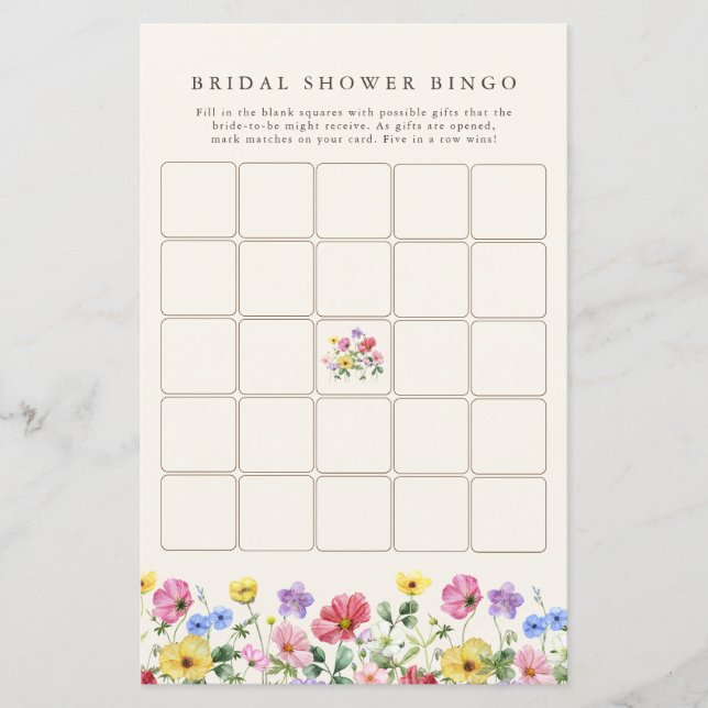 Wildflower Rustic Chic Floral  Bridal Shower Bingo (Front)