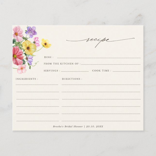 Wildflower Rustic Chic Floral Bridal Shower Recipe (Front)