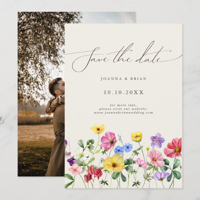 Wildflower Rustic Chic Floral Photo Save the Date (Front/Back)