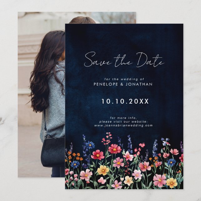 Wildflower Rustic Country Boho Floral Navy Photo Save The Date (Front/Back)