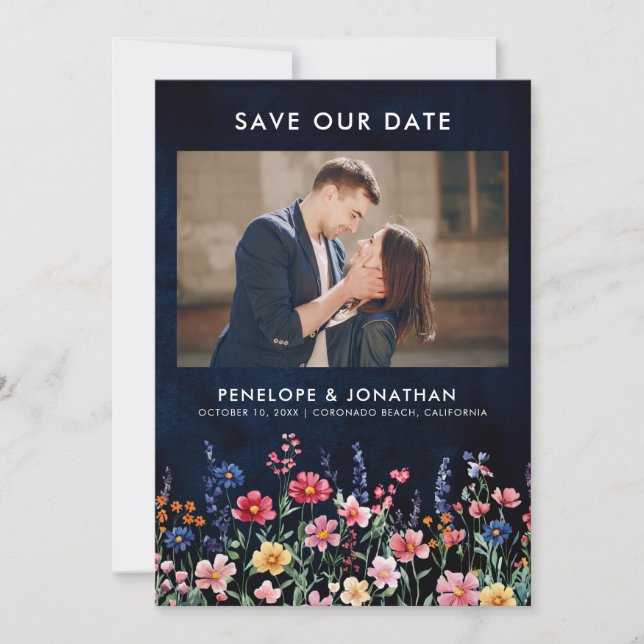 Wildflower Rustic Country Boho Floral Navy Photo   Save The Date (Front)