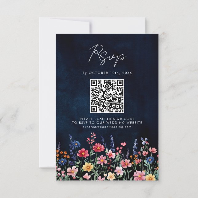 Wildflower Rustic Country Boho Floral Navy QR Code RSVP Card (Front)