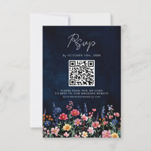 Wildflower Rustic Country Boho Floral Navy QR Code RSVP Card