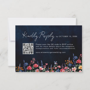 Wildflower Rustic Country Boho Floral Navy QR Code RSVP Card