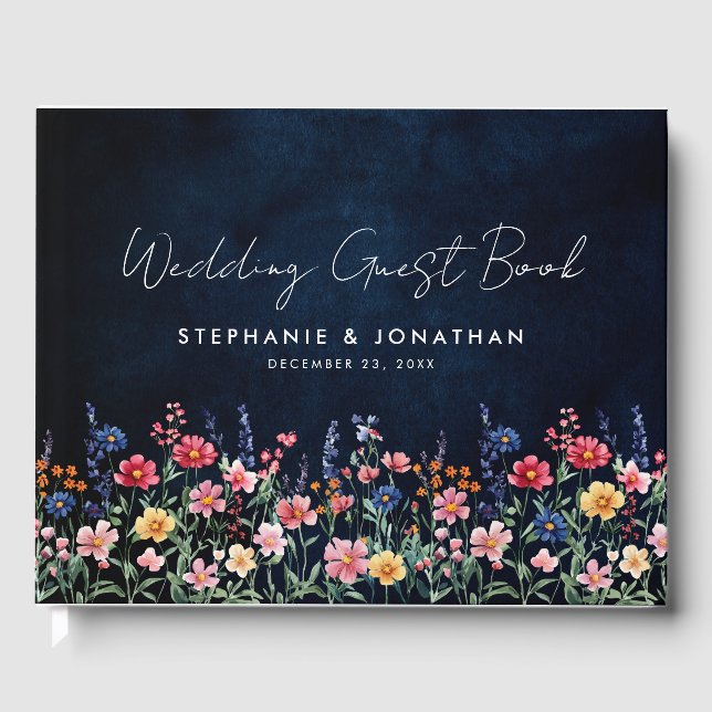 Wildflower Rustic Country Boho Floral Navy Wedding Guest Book (Front)