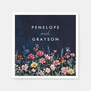 Wildflower Rustic Country Boho Floral Navy Wedding Napkin