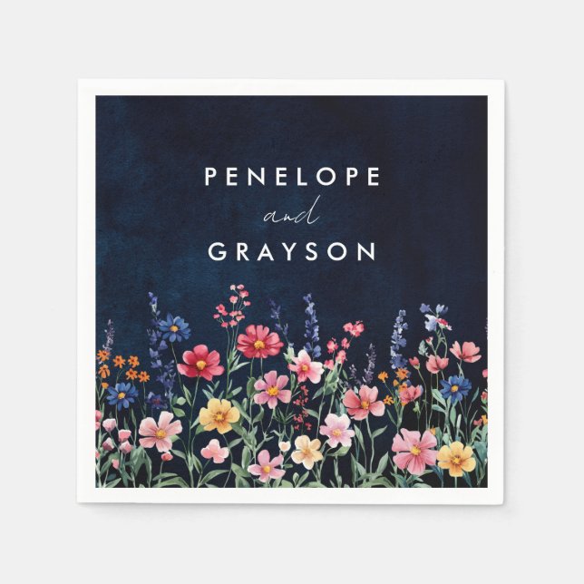 Wildflower Rustic Country Boho Floral Navy Wedding Napkin (Front)