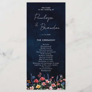 Wildflower Rustic Country Boho Floral Navy Wedding Programme