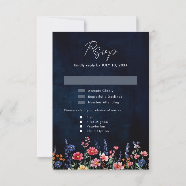 Wildflower Rustic Country Boho Floral Navy Wedding RSVP Card (Front)