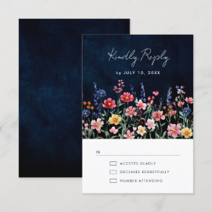 Wildflower Rustic Country Boho Floral Navy Wedding RSVP Card