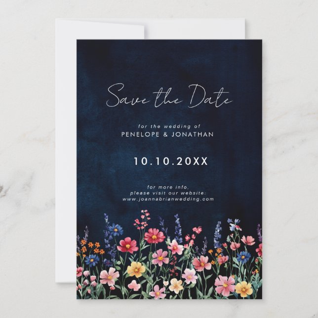Wildflower Rustic Country Boho Floral Navy Wedding Save The Date (Front)