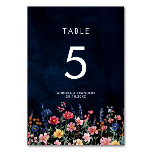 Wildflower Rustic Country Boho Floral Navy Wedding Table Number