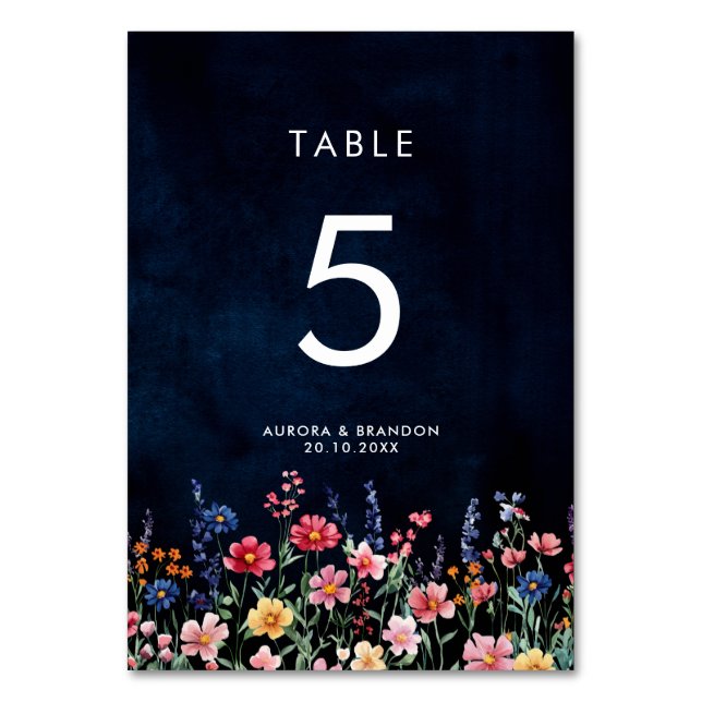 Wildflower Rustic Country Boho Floral Navy Wedding Table Number (Front)