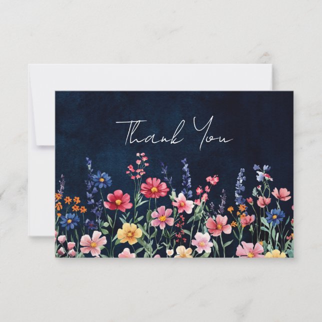 Wildflower Rustic Country Boho Floral Navy Wedding Thank You Card (Front)