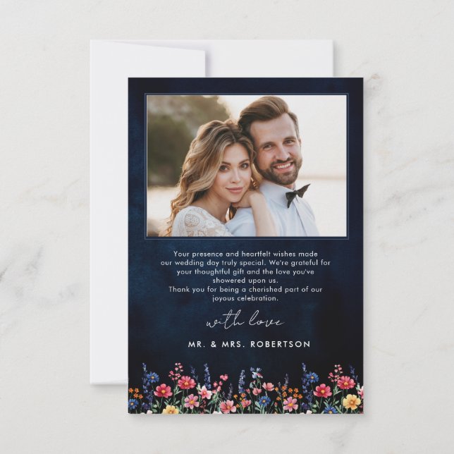 Wildflower Rustic Country Boho Navy Wedding Photo Thank You Card (Back)