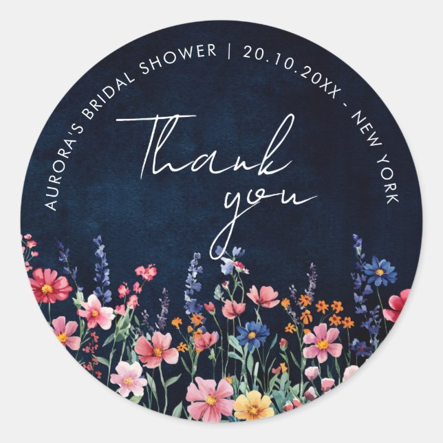 Wildflower Rustic Country  Bridal shower thank you Classic Round Sticker (Front)