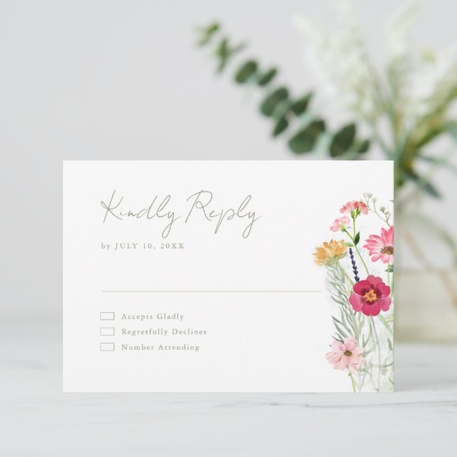Wildflower Rustic Country Floral Garden Wedding RSVP Card (Standing Front)