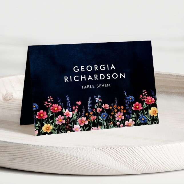 Wildflower Rustic Country Guest Name Place Card    (Wildflower Navy vibrant wedding guest name place card)