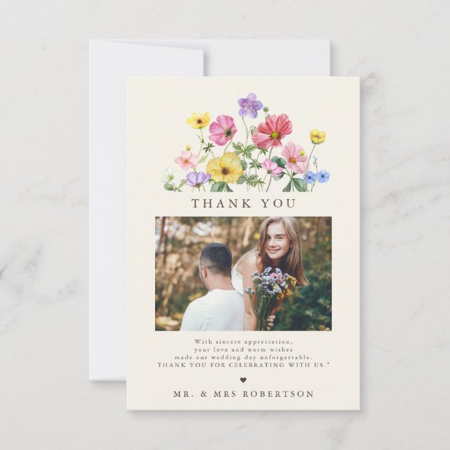 Wildflower Rustic Floral Country Wedding Photo     Thank You Card (Front)