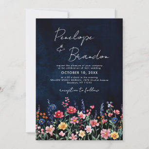 Wildflower Rustic QR Code Floral Navy Wedding Invitation