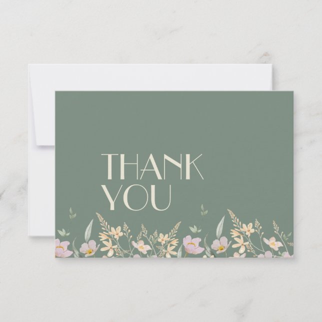 Wildflower Sage Deco Wedding Flat Thank You Card (Front)