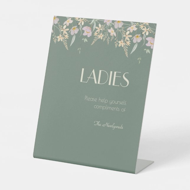 Wildflower Sage Deco Wedding Ladies Bathroom Pedestal Sign (Front)