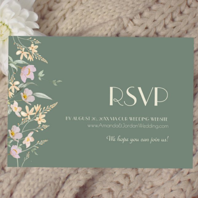 Wildflower Sage Deco Wedding Website RSVP Card (Creator Uploaded)