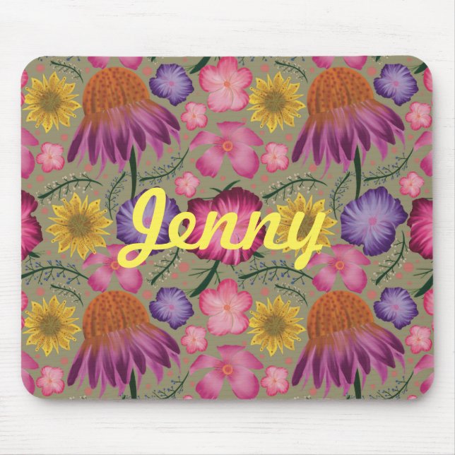 Wildflower Sage Green Floral Personalised Mouse Mat (Front)