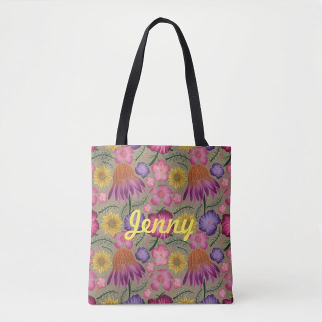 Wildflower Sage Green Floral Personalised Tote Bag (Front)