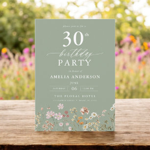 Wildflower Sage Green Garden Floral 30th Birthday Invitation