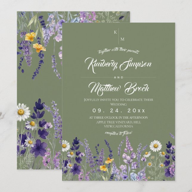  Wildflower Sage & Lavender Rustic Boho Wedding  Invitation (Front/Back)