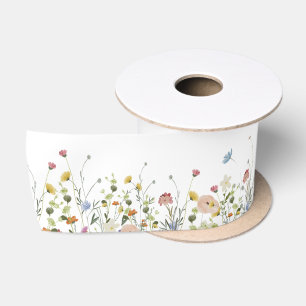 Wildflower Satin Ribbon, Summer field flowers Ribbon