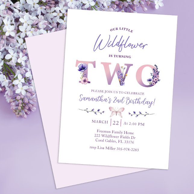 Wildflower Second Birthday Party Invitation (Typography Wildflower Invite)