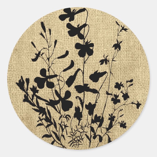 Wildflower Silhouette Burlap Classic Round Sticker (Front)
