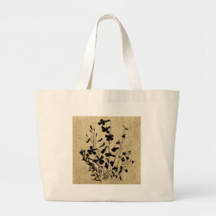 Wildflower Silhouette Burlap Large Tote Bag
