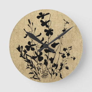 Wildflower Silhouette Burlap Round Clock