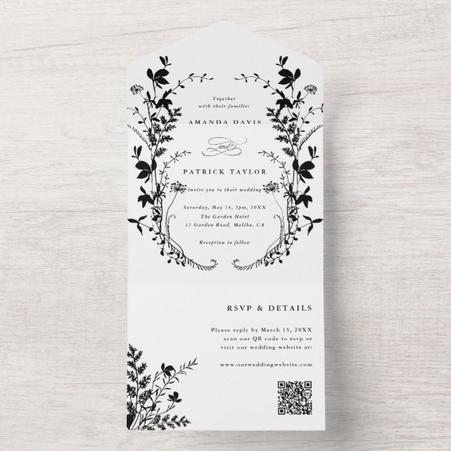 Wildflower Silhouette Wreath Wedding Black & White All In One Invitation (Inside)