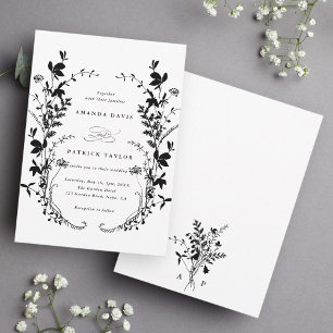 Wildflower Silhouette Wreath Wedding Black & White Invitation