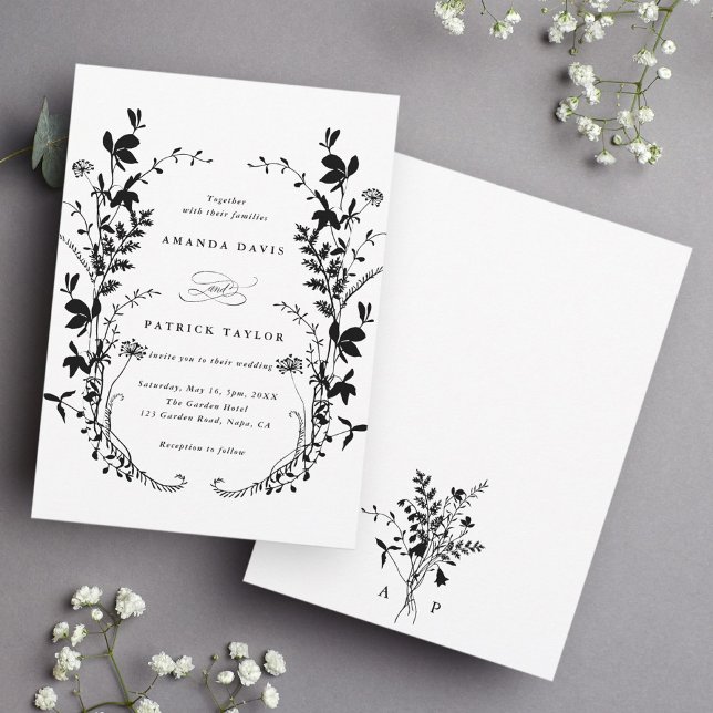 Wildflower Silhouette Wreath Wedding Black & White Invitation (Front & Back)