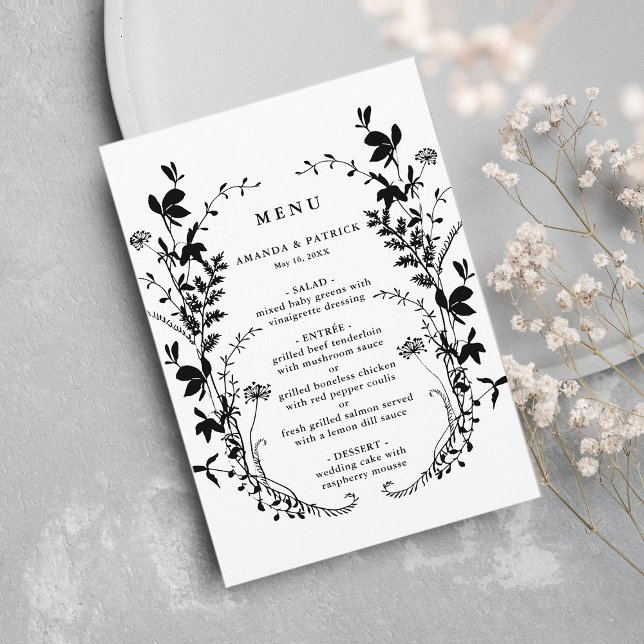 Wildflower Silhouette Wreath Wedding Black & White Menu (Creator Uploaded)