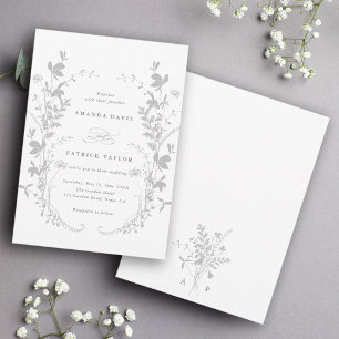 Wildflower Silhouette Wreath Wedding Grey & White Invitation