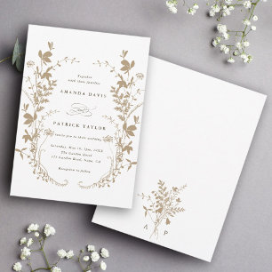Wildflower Silhouette Wreath Wedding Tan & White Invitation