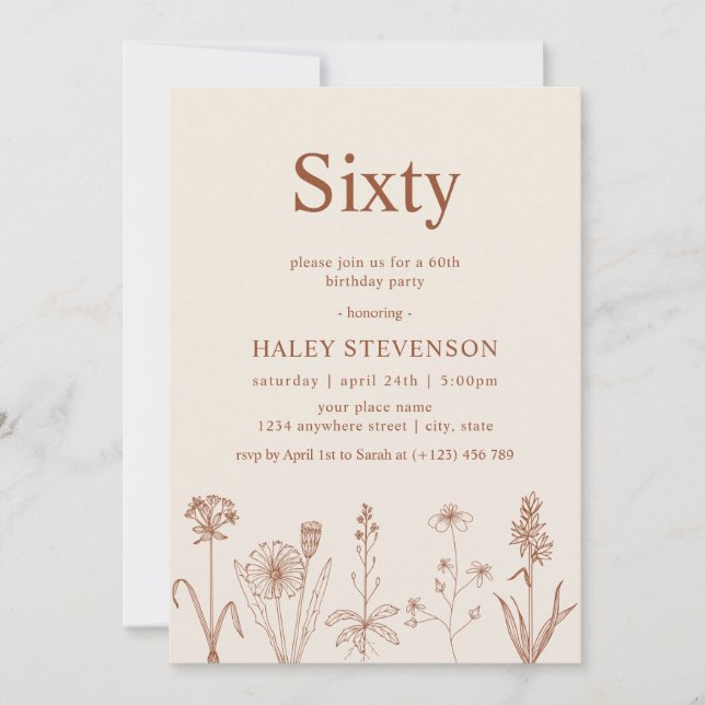 Wildflower Sixty Beige Terracotta 60th Birthday Invitation (Front)