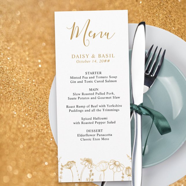Wildflower Sketch Floral Gold White Wedding Menu (Wedding Menu in White & Gold, from my Wildflower Sketch collection)