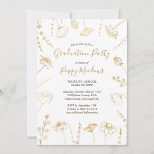 Wildflower Sketch Gold Flowers Graduation Party Invitation